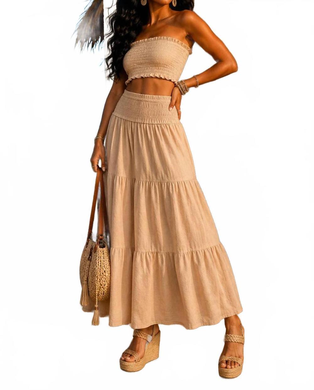 NEW LITTLE SECRET OF MINE elastic smocked waist tiered maxi skirt in the coast i